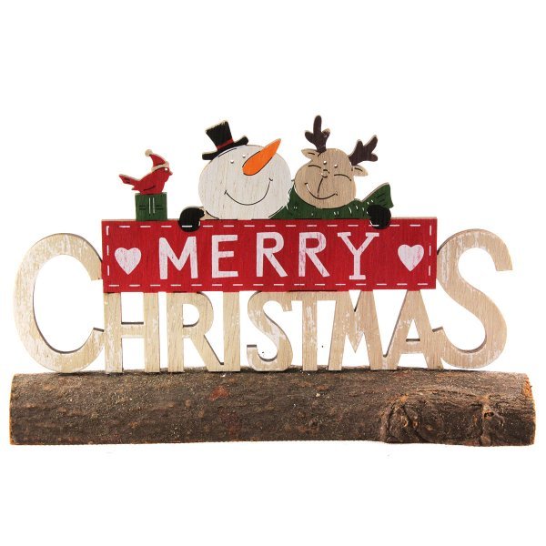 Χριστουγεννιάτικο Διακοσμητικό Κούτσουρο "Merry Christmas", με Χιονάνθρωπο (22cm)